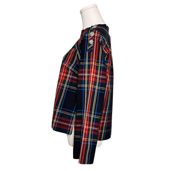 J.Crew Women's Black Red Tartan Plaid Rhinestone Shoulder Detail Size 8P Holiday - Picture 3 of 10